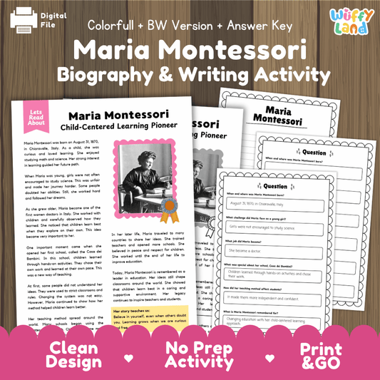Maria Montessori biography reading comprehension worksheets with printable passage, questions and writing activity for students