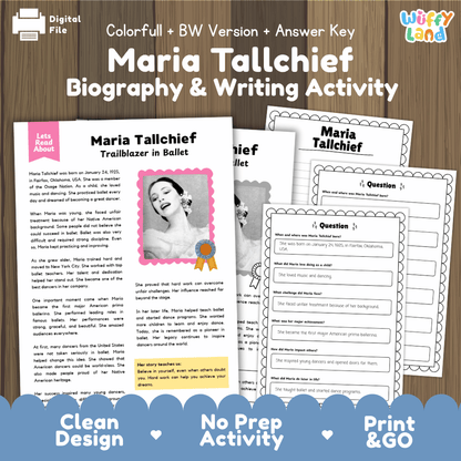 Digital printable activity sheet set for 'Maria Tallchief Biography & Writing Activity' shown on a wood background with a blue banner. The sheets include a colorful 'Let's Read About' page, a black-and-white biography page with a portrait photo frame, and writing prompts.