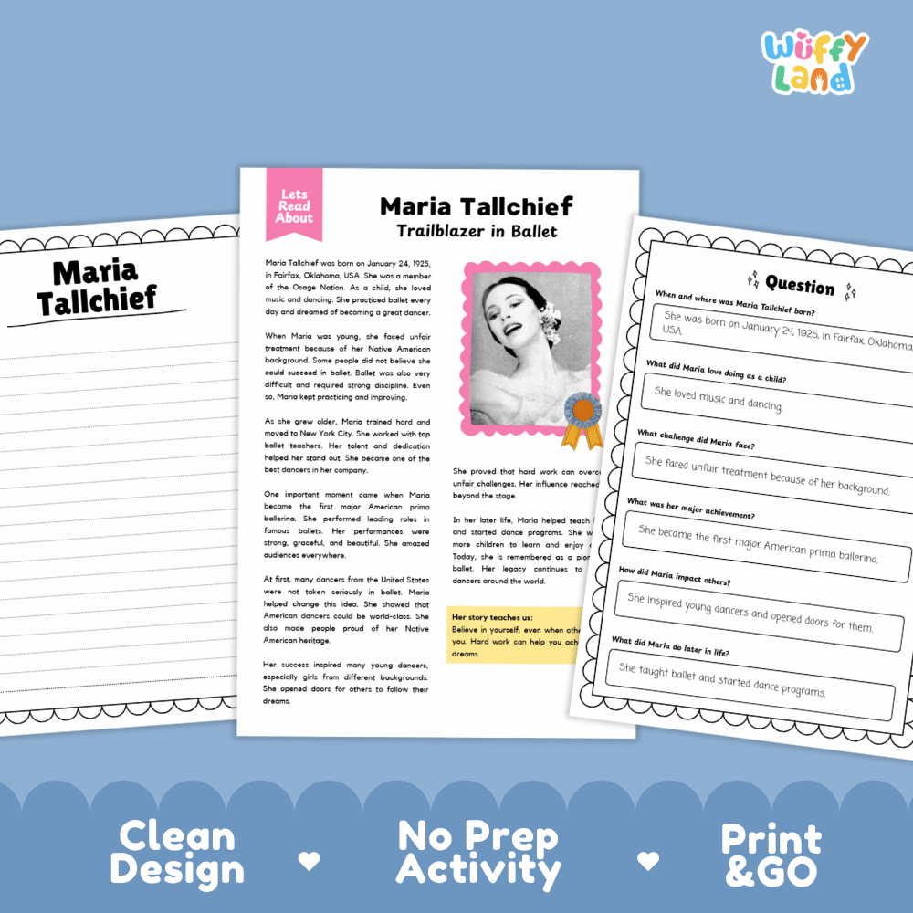 A printable educational activity sheet set about Maria Tallchief, shown as three overlapping pages on a blue background with the text 'Clean Design', 'No Prep Activity', and 'Print & GO'. The pages include a biography layout, a portrait photo of Maria Tallchief, and a worksheet with question prompts.