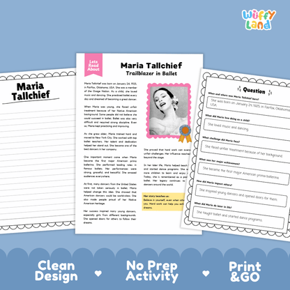 A printable educational activity sheet set about Maria Tallchief, shown as three overlapping pages on a blue background with the text 'Clean Design', 'No Prep Activity', and 'Print & GO'. The pages include a biography layout, a portrait photo of Maria Tallchief, and a worksheet with question prompts.