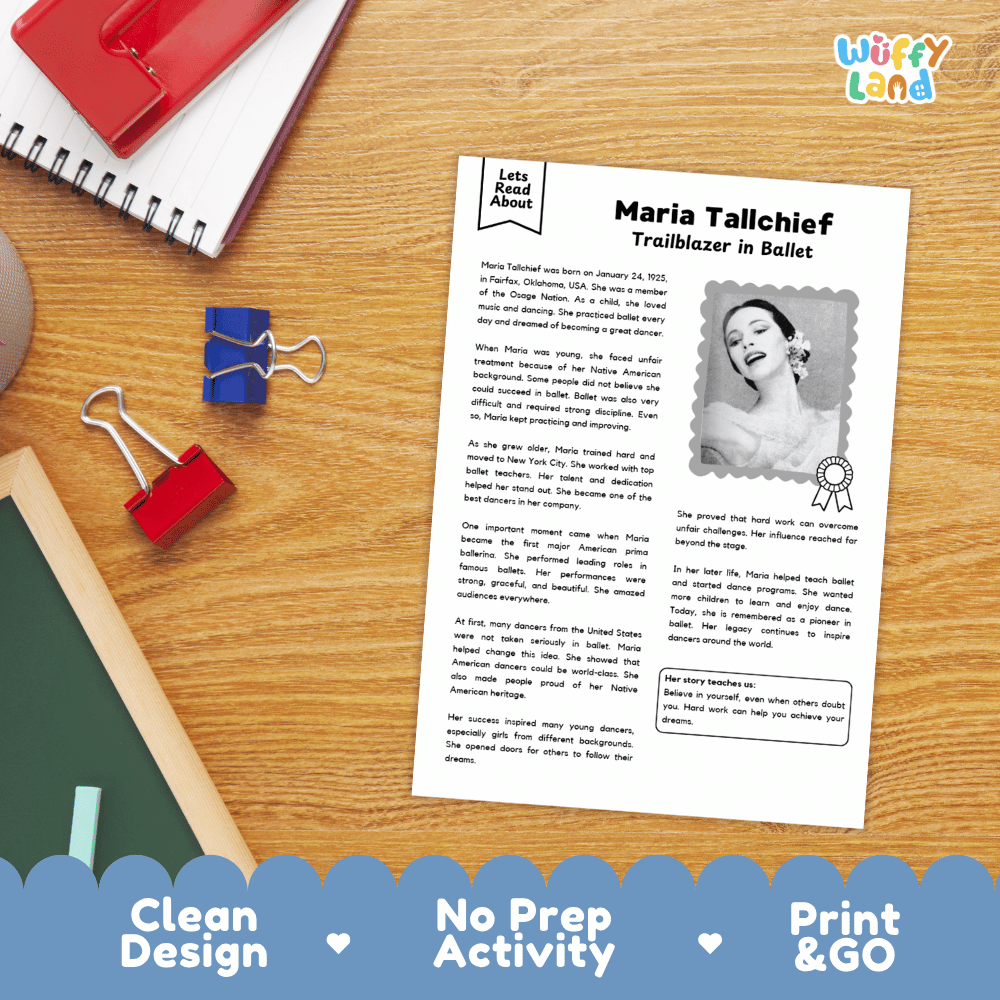 A printed activity sheet titled 'Maria Tallchief Trailblazer in Ballet' with text and a small portrait photo, laid on a wooden desk with notebooks, binder clips, and pens around it. A 'Wiffly land' logo appears in the top right, and a blue banner at the bottom reads 'Clean Design', 'No Prep Activity', and 'Print & GO'.