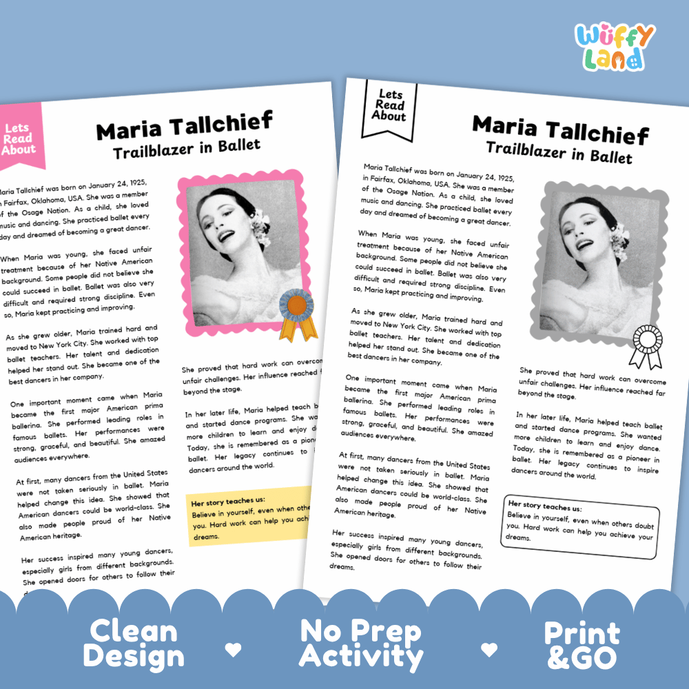Two printable activity sheets for a children's book club or reading group about Maria Tallchief, shown on a white background with decorative blue banners. The left sheet has a photo of Maria Tallchief in a ballet costume with a gold ribbon, and the right sheet has a gray silhouette of Maria with a ribbon outline.