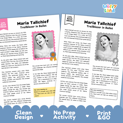 Two printable activity sheets for a children's book club or reading group about Maria Tallchief, shown on a white background with decorative blue banners. The left sheet has a photo of Maria Tallchief in a ballet costume with a gold ribbon, and the right sheet has a gray silhouette of Maria with a ribbon outline.