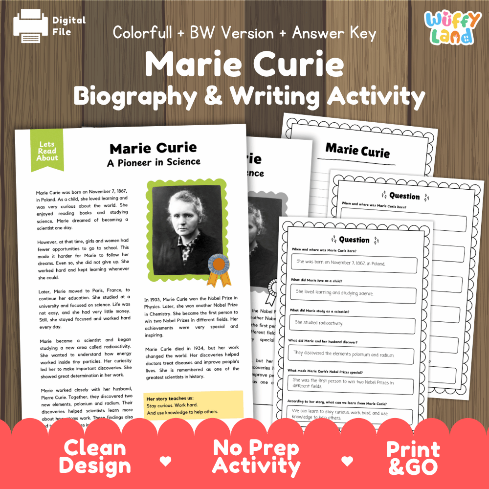 Educational activity sheet set for Marie Curie Biography & Writing, shown on a wood background with a 'Digital File' label and 'Uffy Land' logo. The set includes a main worksheet page, two preview pages, and a red banner at the bottom highlighting features like clean design, no prep activity, and print & go.