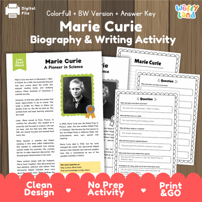 Educational activity sheet set for Marie Curie Biography & Writing, shown on a wood background with a 'Digital File' label and 'Uffy Land' logo. The set includes a main worksheet page, two preview pages, and a red banner at the bottom highlighting features like clean design, no prep activity, and print & go.