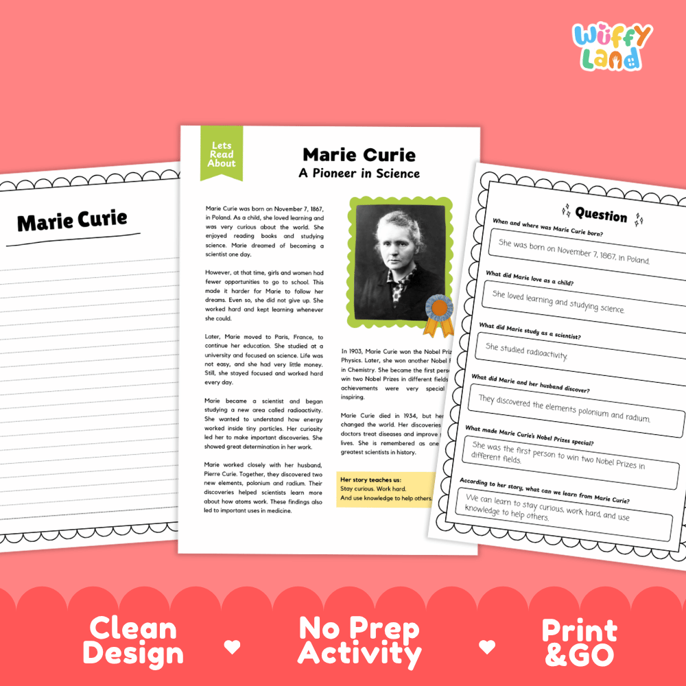 Educational worksheet set about Marie Curie, featuring a main activity page with a portrait photo and text, two smaller worksheet pages, and promotional text reading 'Clean Design', 'No Prep Activity', and 'Print & GO' on a coral background. The brand name 'Wiffly Land' appears in the top right.