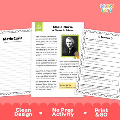 Educational worksheet set about Marie Curie, featuring a main activity page with a portrait photo and text, two smaller worksheet pages, and promotional text reading 'Clean Design', 'No Prep Activity', and 'Print & GO' on a coral background. The brand name 'Wiffly Land' appears in the top right.