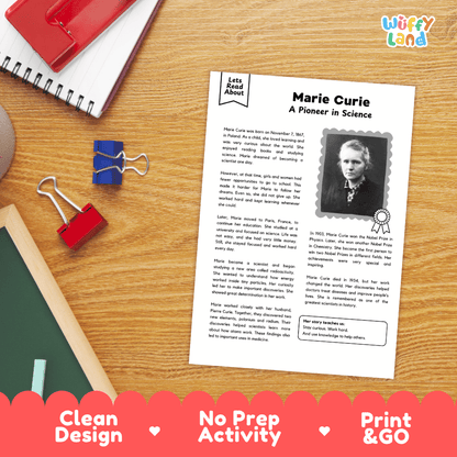 A children's educational activity sheet titled 'Marie Curie: A Pioneer in Science' laid on a wooden desk with notebooks, clips, and a pen visible around it. The sheet includes a portrait photo of Marie Curie, text, and a decorative border.