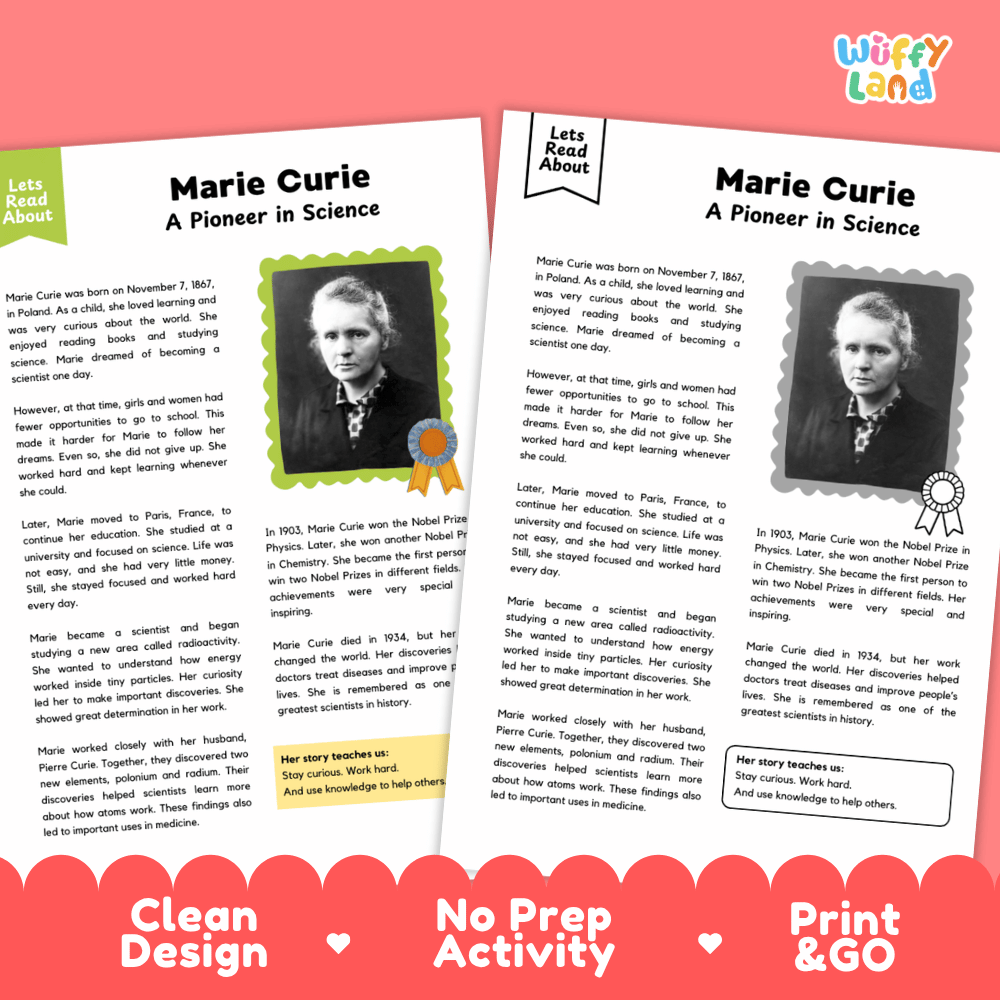 Two educational booklets about Marie Curie titled 'Marie Curie: A Pioneer in Science' displayed side-by-side on a red background with the brand name 'wiffly land' in the top right corner.