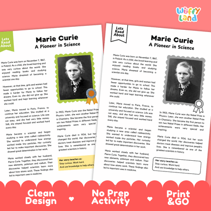Two educational booklets about Marie Curie titled 'Marie Curie: A Pioneer in Science' displayed side-by-side on a red background with the brand name 'wiffly land' in the top right corner.