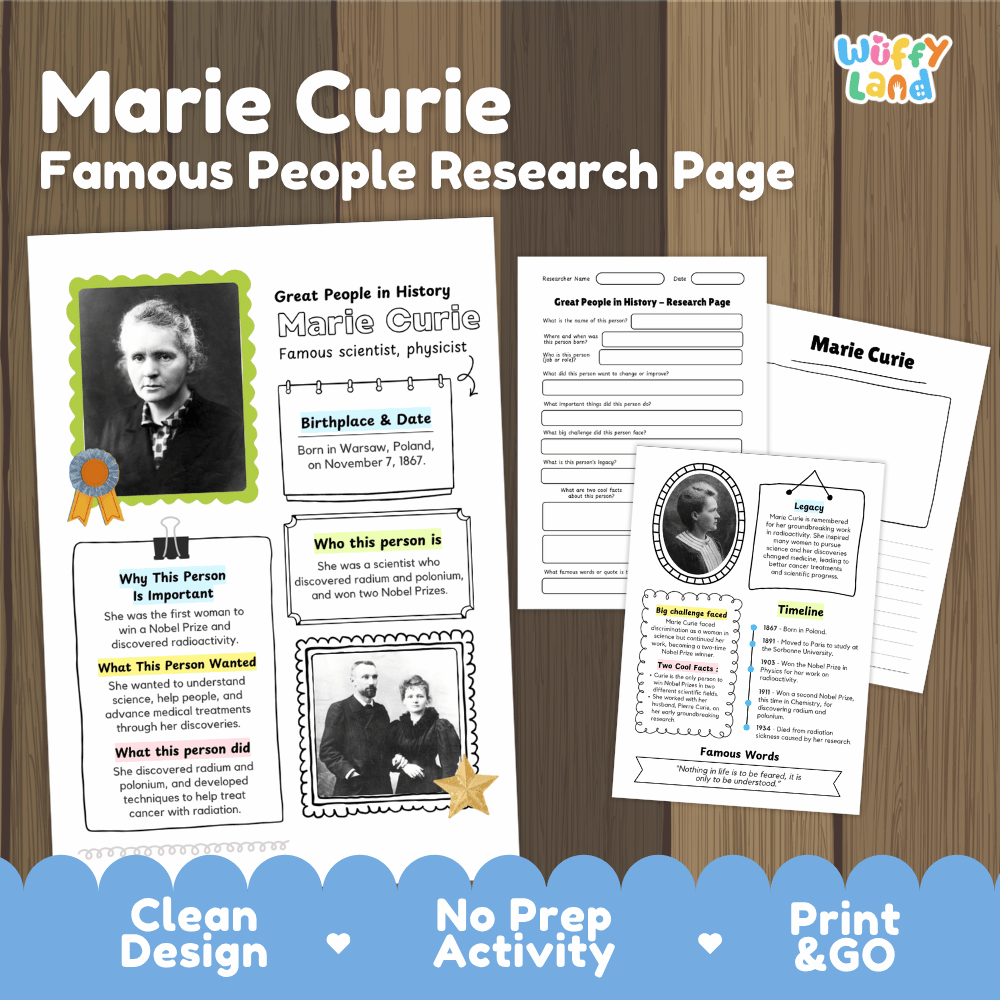 Marie Curie Famous People Research Page Worksheets and Biography Activity