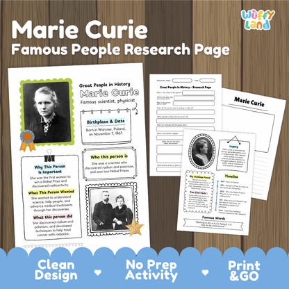 Marie Curie Famous People Research Page Worksheets and Biography Activity