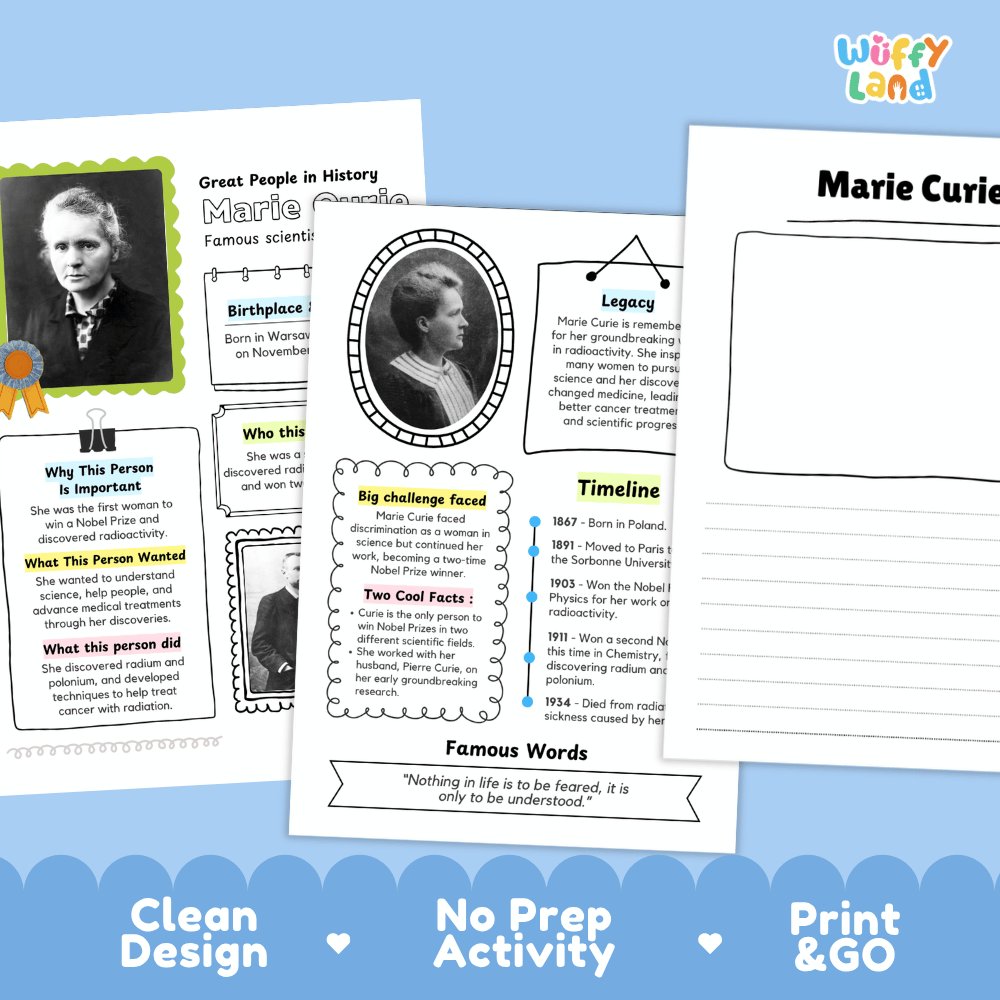 Marie Curie Famous People Research Page Worksheets and Biography Activity