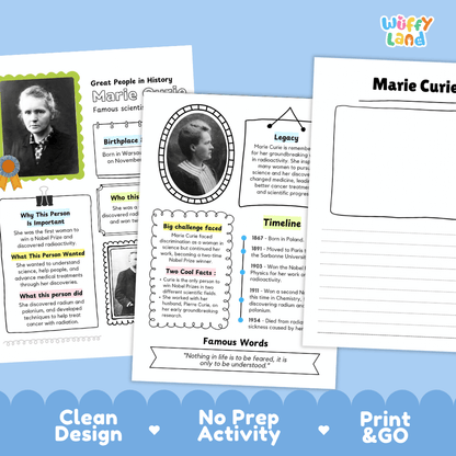 Marie Curie Famous People Research Page Worksheets and Biography Activity
