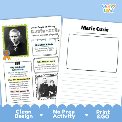 Marie Curie Famous People Research Page Worksheets and Biography Activity