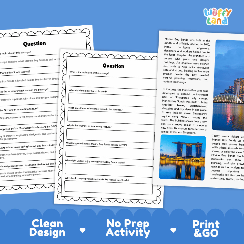 Marina Bay Sands Landmark Reading Passages and Comprehension Worksheets