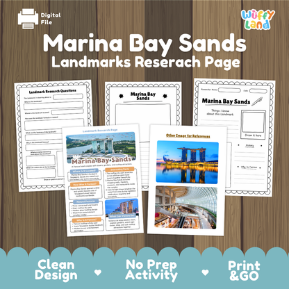 A digital preview of a 'Marina Bay Sands Landmarks Research Page' activity sheet set by Wiffy Land, displayed on a wood-grain background with promotional text at the bottom.