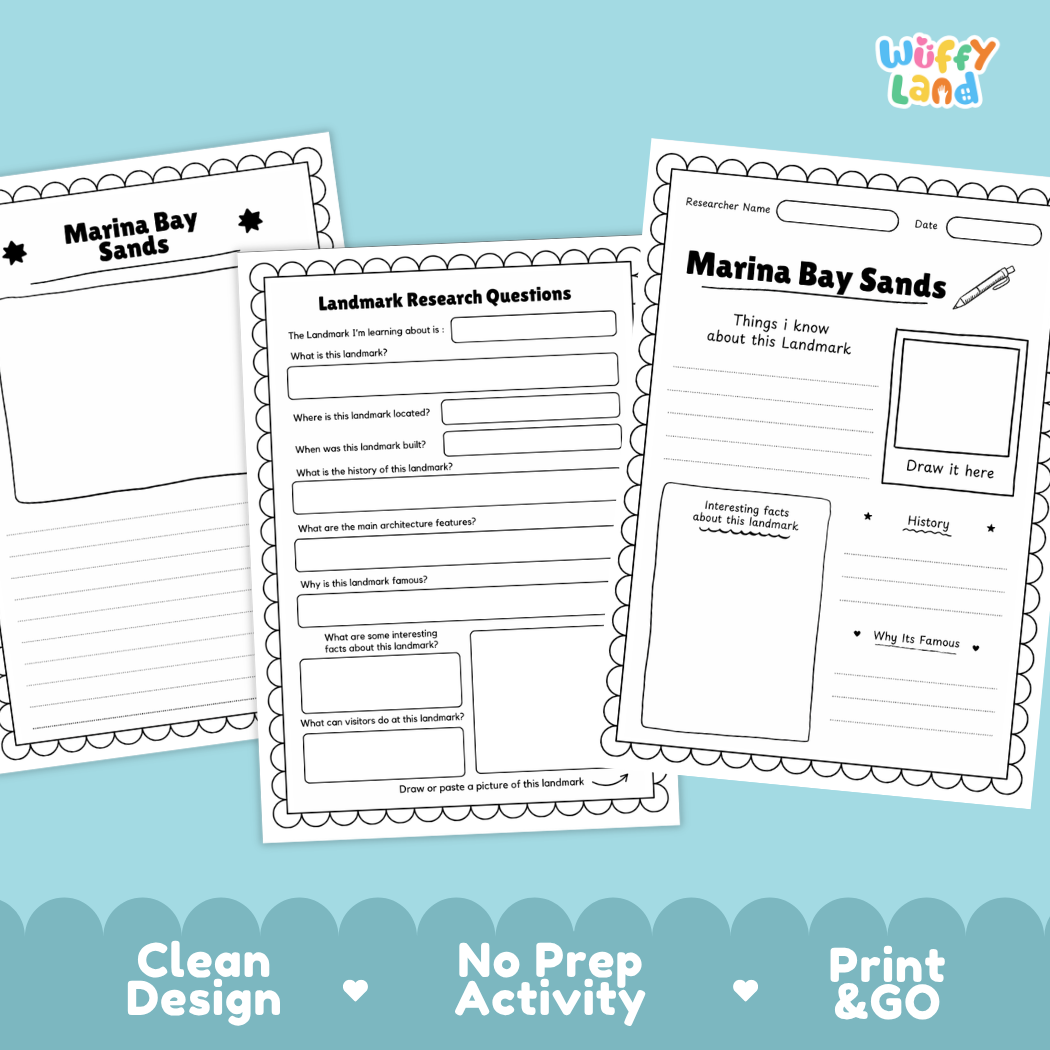 Three printable worksheet pages for a Marina Bay Sands activity are shown on a light blue background with decorative scalloped waves and the text 'Clean Design', 'No Prep Activity', and 'Print & GO'. The top-right corner shows the brand name 'Wiffy Land'.