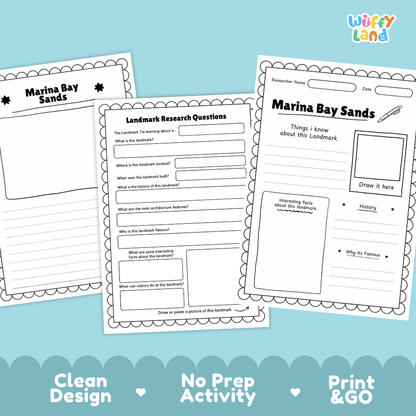 Three printable worksheet pages for a Marina Bay Sands activity are shown on a light blue background with decorative scalloped waves and the text 'Clean Design', 'No Prep Activity', and 'Print & GO'. The top-right corner shows the brand name 'Wiffy Land'.