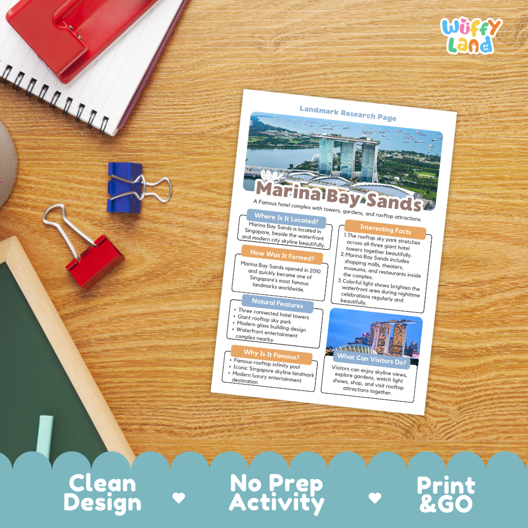 A printed research page about Marina Bay Sands displayed on a wooden desk, surrounded by school supplies including a spiral notebook, binder clips, and a chalkboard. The page has colorful text sections and photos of the Singapore landmark.