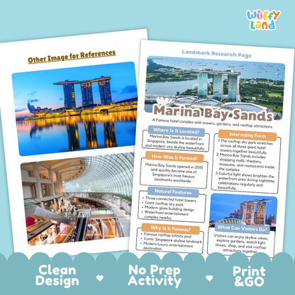 Two printed educational poster sheets about Marina Bay Sands displayed on a white background with promotional text reading 'Other Image References,' 'Landmark Research Page,' and 'Clean Design No Prep Activity Print & GO.' The sheets show a colorful city landmark photo and informational panels.