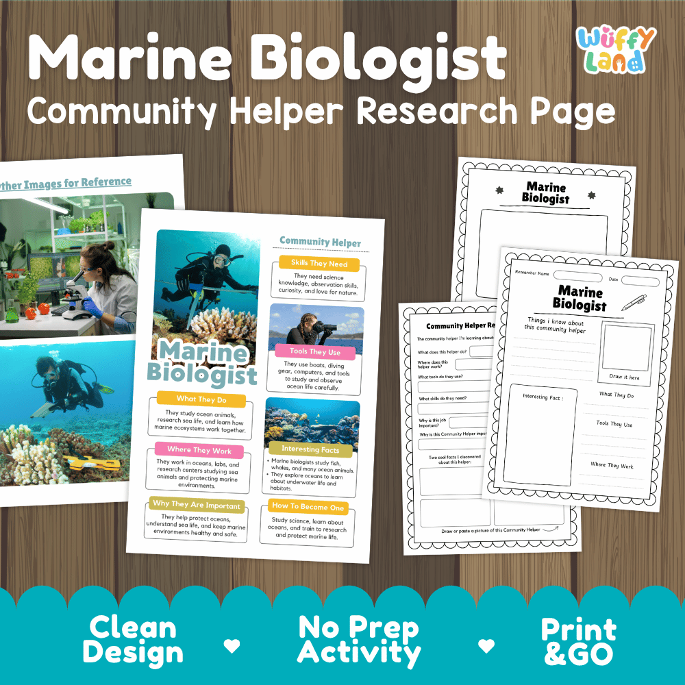 Marine biologist community helper research page writing worksheets pack featuring real photos and student activity pages for elementary social studies and science