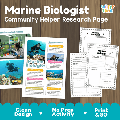 Marine biologist community helper research page writing worksheets pack featuring real photos and student activity pages for elementary social studies and science