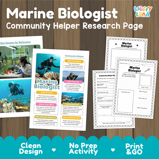 Marine biologist community helper research page writing worksheets pack featuring real photos and student activity pages for elementary social studies and science