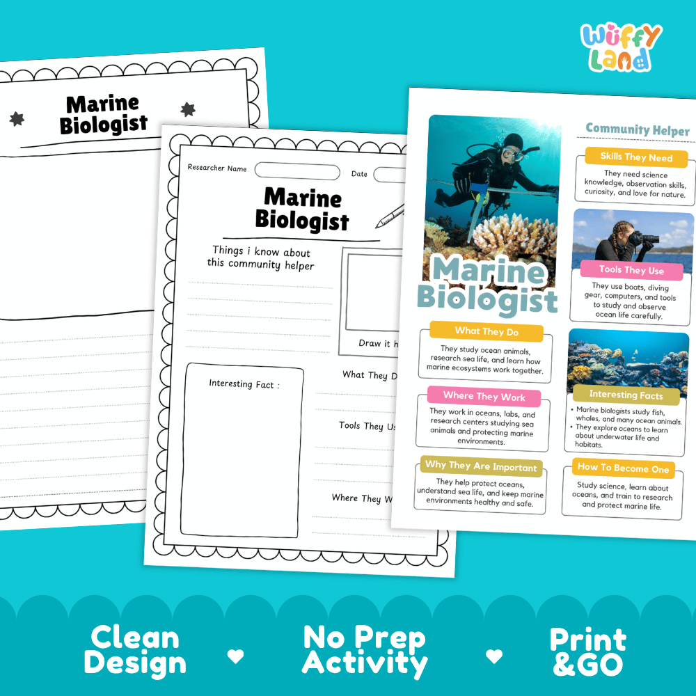 Educational reference poster with real photography showing marine biologist duties, scuba gear and microscope tools, ocean workplace, and interesting facts
