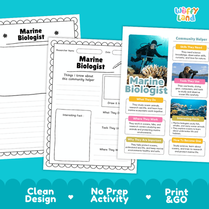 Educational reference poster with real photography showing marine biologist duties, scuba gear and microscope tools, ocean workplace, and interesting facts