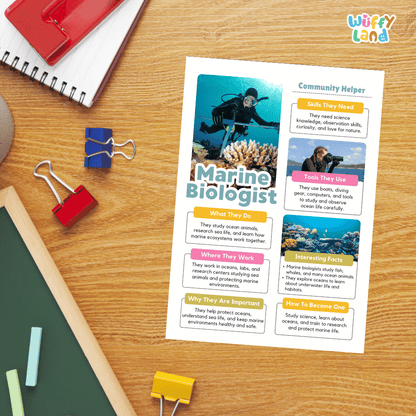 Guided student writing worksheets with lined sections for recording facts and a dedicated box for drawing or pasting a picture of a marine biologist