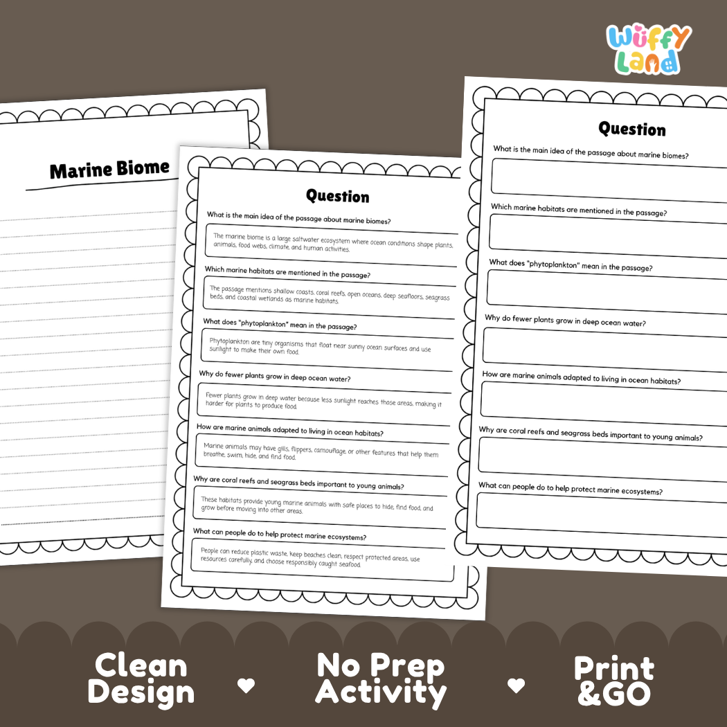 Informational reading passage page detailing marine biome coral reefs phytoplankton ocean food chains and animal adaptations with photos