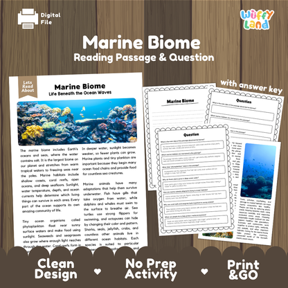 Marine Biome reading comprehension passage and questions printable activity pack with answer key for elementary students