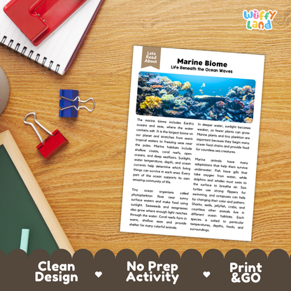 Student reading comprehension worksheet with short-answer questions and lined sections about the marine biome