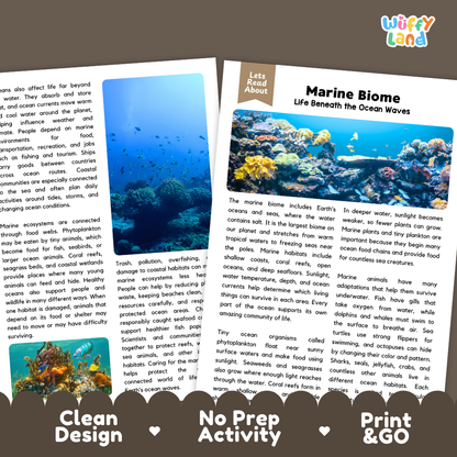 Teacher answer key page showing complete question solutions for Marine Biome Earth science and biology reading comprehension practice