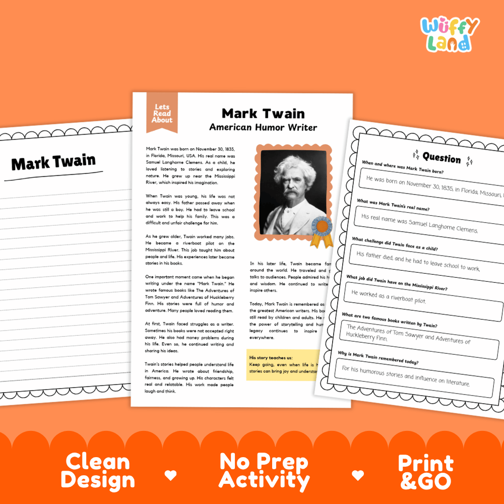 Student reading passage detailing the life and literature of Mark Twain with author portrait illustration