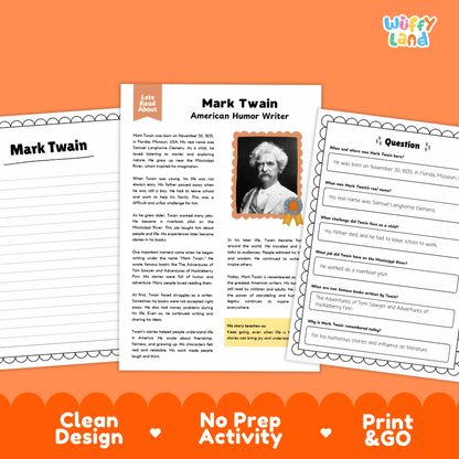 Student reading passage detailing the life and literature of Mark Twain with author portrait illustration