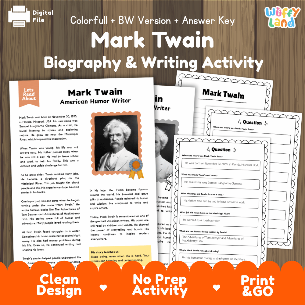 Mark Twain biography and reading comprehension worksheets pack featuring passage, writing activity, and answer key