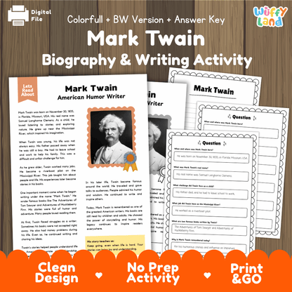 Mark Twain biography and reading comprehension worksheets pack featuring passage, writing activity, and answer key