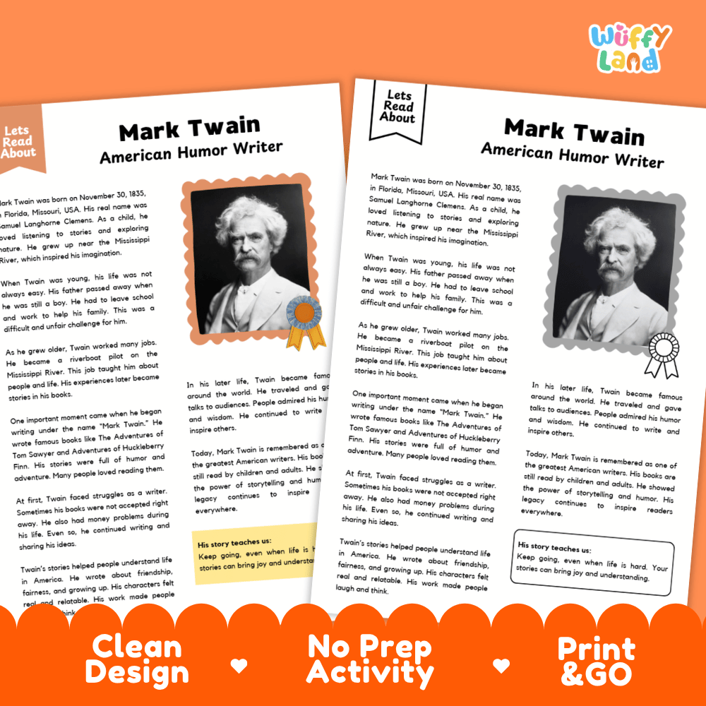 Lined writing activity page with decorative frame for student writing assignments about Mark Twain