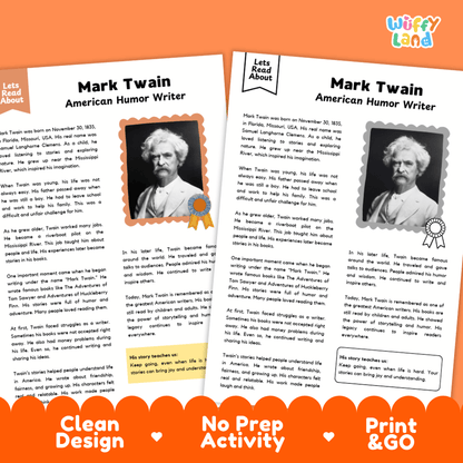 Lined writing activity page with decorative frame for student writing assignments about Mark Twain