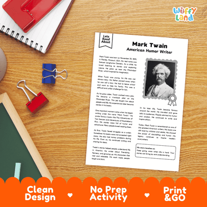 Elementary reading comprehension question worksheet and teacher answer key covering facts about Mark Twain