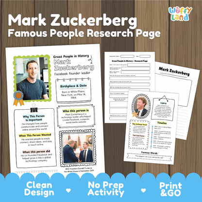 Printable educational worksheet pages about Mark Zuckerberg presented on a wood background with promotional text. The pages include a portrait photo, labeled fields for birthplace and dates, a 'Why this person is important' section, 'Who is this person like,' a timeline, and a word bank.
