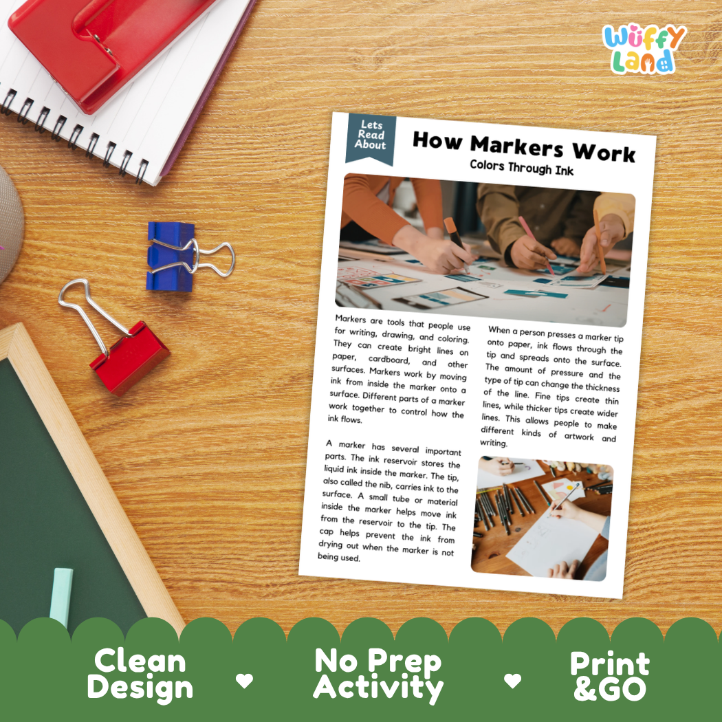 Printable student worksheet with short-answer reading comprehension questions covering markers and technology