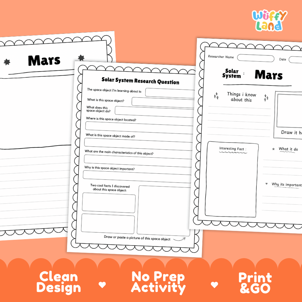 Three printable solar system activity sheets about Mars are shown on an orange background with promotional text at the bottom. The sheets are white with black text and border lines, and the brand name 'Wiffly Land' appears in the top right corner.