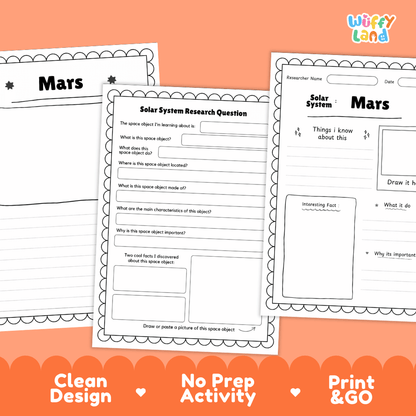 Three printable solar system activity sheets about Mars are shown on an orange background with promotional text at the bottom. The sheets are white with black text and border lines, and the brand name 'Wiffly Land' appears in the top right corner.