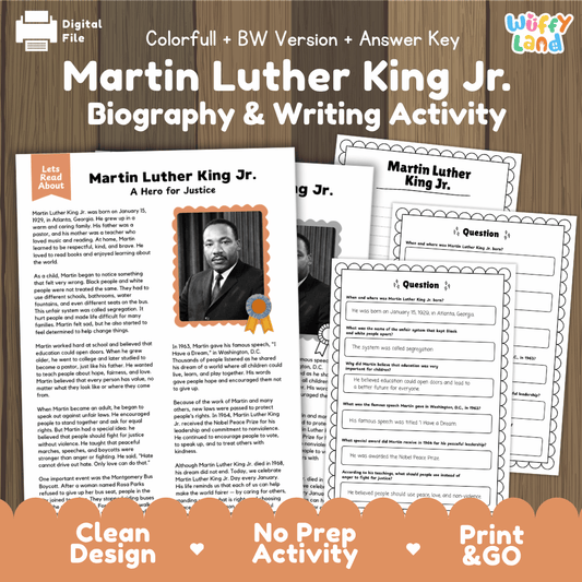 Martin Luther King Jr Biography and Writing Activity Worksheets