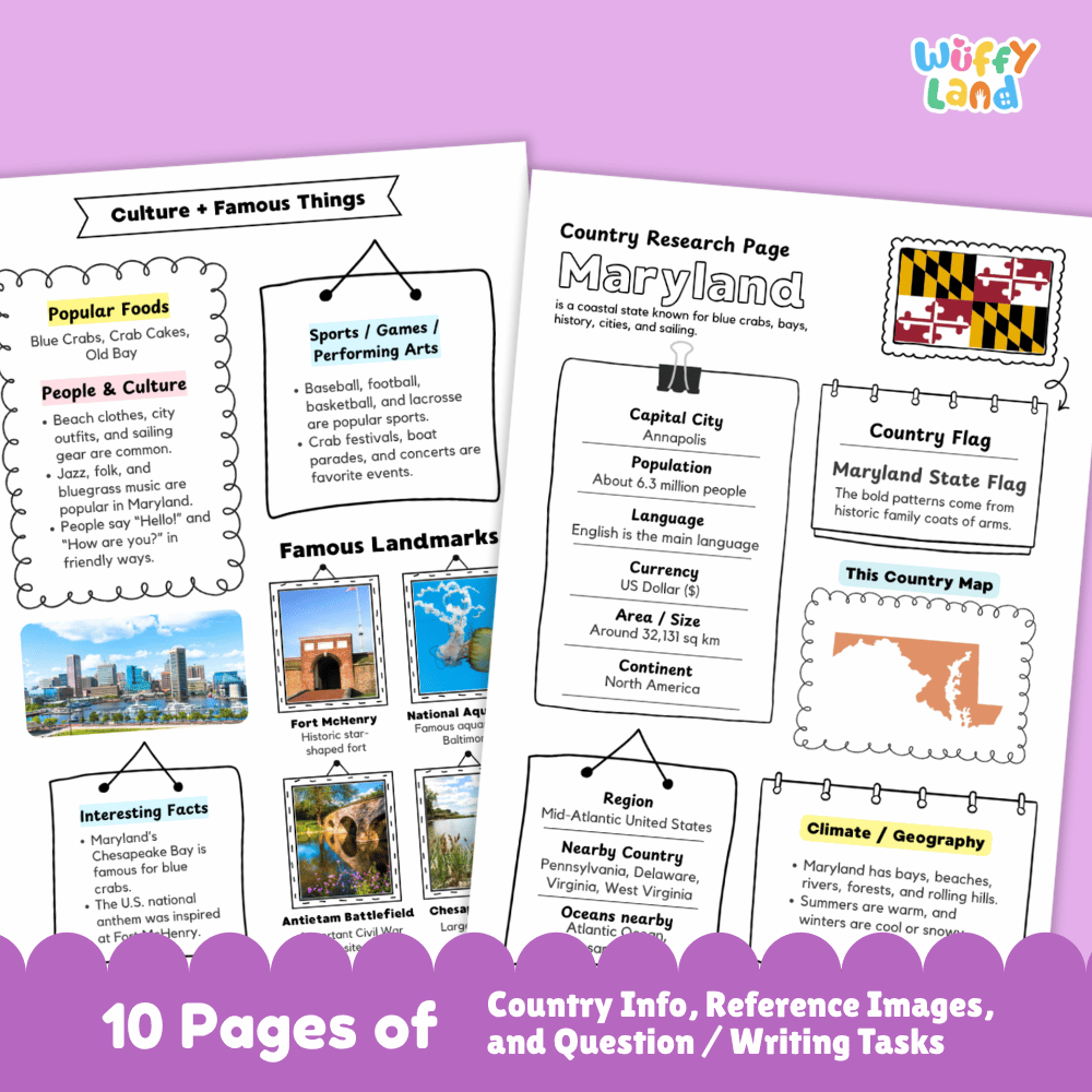 Maryland Country Research Project Worksheets and Activity Pages