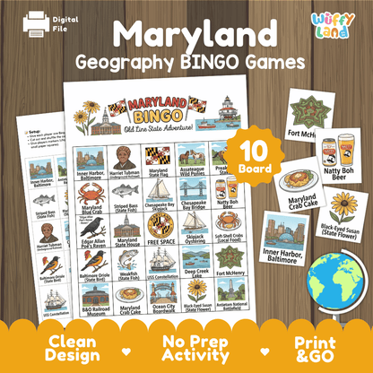 Maryland Geography BINGO Game Old Line State Activity Printable Boards