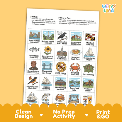 Maryland Geography BINGO Game Old Line State Activity Printable Boards